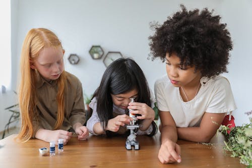 Concentrated children in casual clothes watching in microscope while studying together