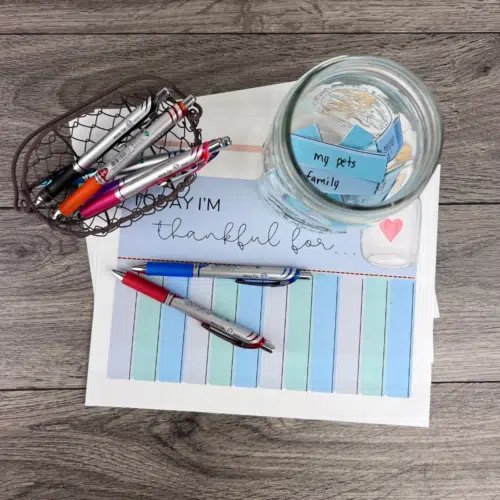 Family Gratitude Jar - glass jar with pens and strips of paper for listing thankfulness